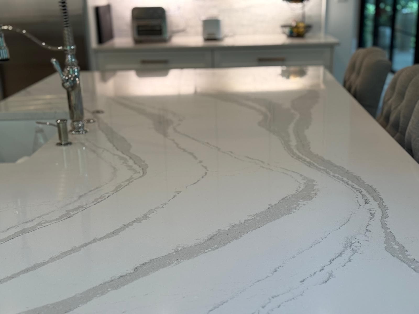 Polished marble kitchen countertop after detailed cleaning